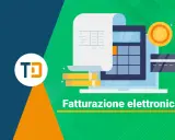 Illustrazione che mostra la differenza tra scontrino e fattura con calcolatrice, moneta, carta di credito e documento.