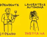 Dipendente con vassoio e lavoratrice autonoma con macchina fotografica. Due modi di lavorare, con diverse implicazioni per gli adempimenti IVA.