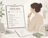 Donna pensa al codice ATECO 74.10.21 per la sua partita IVA multiservizi. Sul tavolo, un laptop e un quaderno con i passi per aprire la P.IVA.