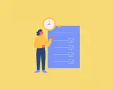 Una persona illustrata indica una lista di cose da fare con caselle di controllo spuntate, accanto a un orologio. Questo simboleggia il time management cos'è: organizzare il tempo per raggiungere gli obiettivi.