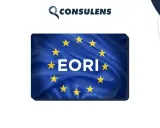 Bandiera UE con testo "EORI" e logo "CONSULENS". Ottieni il tuo numero EORI Italia per commerciare in Europa.
