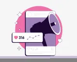Grafica stilizzata di un megafono su uno schermo, con icone di like, commenti e condivisioni. Un grafico mostra l'andamento dei social media KPI.
