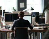Uomo al computer in ufficio, concentrato sul suo lavoro. Potrebbe essere una ricerca per un job posting interno.