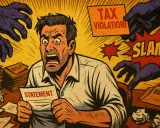 Uomo terrorizzato con mani viola che lo afferrano, avviso "TAX VIOLATION!" e "SLAM". Cosa succede se non pago le tasse?