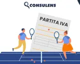 Due istruttori sportivi giocano a tennis davanti a un documento "Partita IVA".