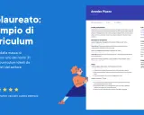 Esempio di curriculum per neolaureato, con hard skill esempi come JavaScript, Python, React, Node.js, MongoDB, AWS.