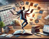 Un uomo con molte braccia afferra libri, laptop e clessidre, simboleggiando l'apprendimento permanente e la crescita continua.