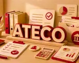 Scrivania con lettere "ATECO", cartelle, grafici e calcolatrice. Simboleggia la gestione delle attività e il potenziale costo aggiunta codice ateco.