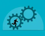 Uomo in giacca e cravatta corre dentro un ingranaggio, simboleggiando l'importanza dell'esperienza lavorativa pertinente nel far girare il motore del successo.