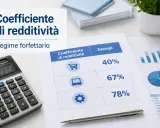 Calcolatrice e fogli con grafici mostrano il **coefficiente forfettario** per diversi settori, con esempi di redditività.