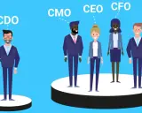 Il CDO, CMO, CEO, CFO e CIO, figure chiave per il significato di un'azienda, in un'illustrazione stilizzata.