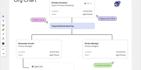 Organigramma aziendale ruoli: Deedee Graubart (Head of Product Marketing) supervisiona la pianificazione organizzativa, con ruoli come Product Manager e Product Designer.