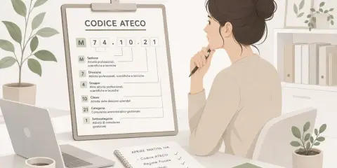 Donna pensa al codice ATECO 74.10.21 per la sua partita IVA multiservizi. Sul tavolo, un laptop e un quaderno con i passi per aprire la P.IVA.