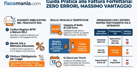 Guida pratica fattura forfettaria: elementi obbligatori, bollo, rivalsa, tempistiche e operazioni estere. Include rimborso spese anticipate.