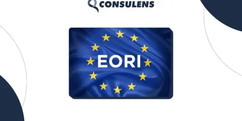 Bandiera UE con testo "EORI" e logo "CONSULENS". Ottieni il tuo numero EORI Italia per commerciare in Europa.