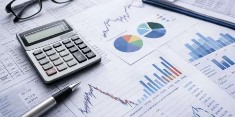 Occhiali, calcolatrice e grafici su fogli di calcolo, per un'analisi accurata del bilancio di competenza.