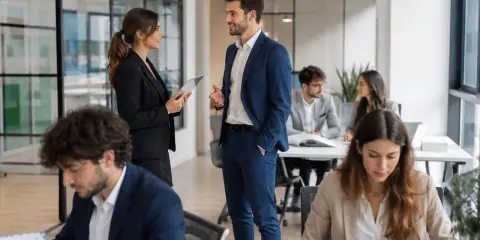 Ufficio moderno con persone che lavorano. La gestione delle risorse umane cosa sono? Il team collabora per il successo.