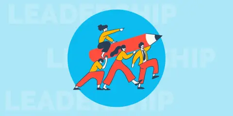Un team spinge una matita rossa, con una persona che indica la direzione. Esemplifica la capacità di leadership e il lavoro di squadra.
