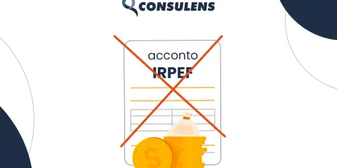 Il logo CONSULENS sovrasta un documento con la scritta "acconto IRPEF" barrata da una croce rossa. Sotto, una pila di monete d'oro e un sacco di denaro.