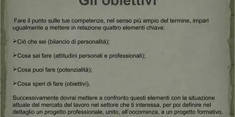 Obiettivi: bilancio di personalità, cosa sai fare, potenzialità e obiettivi. Confronta con il mercato del lavoro per definire un progetto professionale.