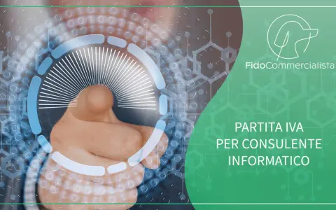 Dito che tocca un'interfaccia digitale con testo "Partita IVA per consulente informatico".