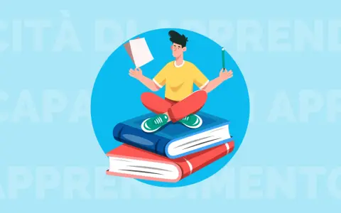 Ragazzo medita su libri, simbolo di crescita e sviluppo delle proprie capacità e competenze.
