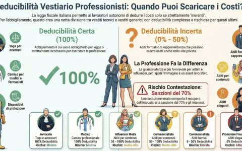 Infografica sulla deducibilità delle consulenze professionali per l'abbigliamento. Illustra la differenza tra spese deducibili al 100% (es. toga avvocato) e quelle con deducibilità incerta (0-50%), evidenziando i rischi.
