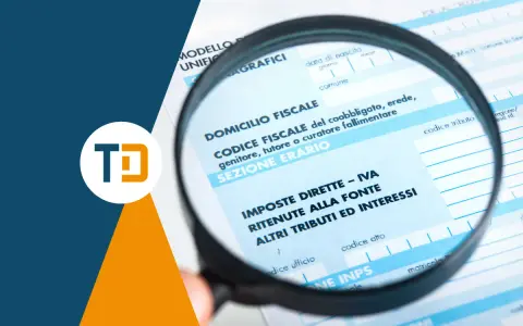 Lente d'ingrandimento su modello fiscale, sezione "Imposte Dirette - IVA", per analizzare l'importo imponibile con o senza IVA.
