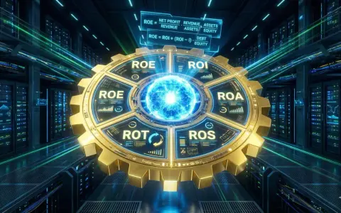 Ingranaggio dorato con indicatori finanziari (ROE, ROI, ROA, ROS) al centro di un data center futuristico. Analisi degli indici di redditività.