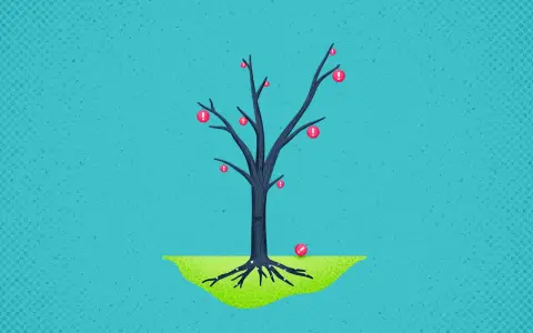 Albero spoglio con frutti a forma di punto esclamativo rosso. Un frutto è caduto a terra. Simboleggia il problem analysis.