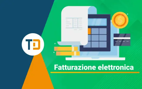 Illustrazione che mostra la differenza tra scontrino e fattura con calcolatrice, moneta, carta di credito e documento.