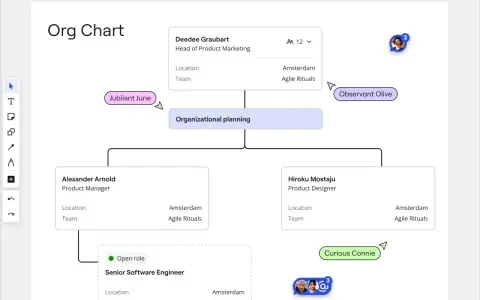 Organigramma aziendale ruoli: Deedee Graubart (Head of Product Marketing) supervisiona la pianificazione organizzativa, con ruoli come Product Manager e Product Designer.