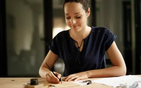 Donna scrive con una penna d'oca, ispirata a come scrivere una richiesta di lavoro esempio.