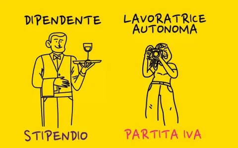 Dipendente con vassoio e lavoratrice autonoma con macchina fotografica. Due modi di lavorare, con diverse implicazioni per gli adempimenti IVA.