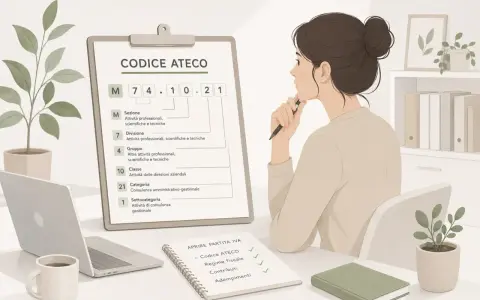 Donna pensa al codice ATECO 74.10.21 per la sua partita IVA multiservizi. Sul tavolo, un laptop e un quaderno con i passi per aprire la P.IVA.