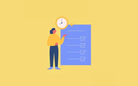 Una persona illustrata indica una lista di cose da fare con caselle di controllo spuntate, accanto a un orologio. Questo simboleggia il time management cos'è: organizzare il tempo per raggiungere gli obiettivi.