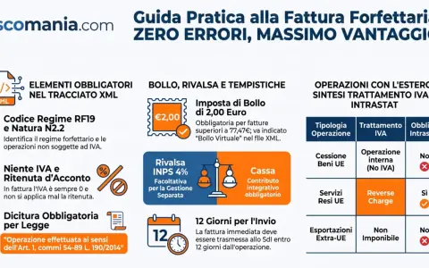 Guida pratica fattura forfettaria: elementi obbligatori, bollo, rivalsa, tempistiche e operazioni estere. Include rimborso spese anticipate.