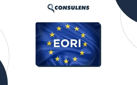 Bandiera UE con testo "EORI" e logo "CONSULENS". Ottieni il tuo numero EORI Italia per commerciare in Europa.