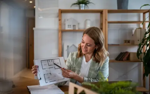 Agente immobiliare con partita IVA illustra una planimetria. L'ufficio è moderno e luminoso, con scaffali pieni di libri e oggetti decorativi.