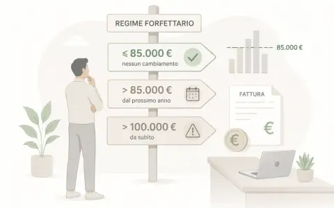 Uomo valuta il regime forfettario: se il fatturato è sotto gli 85.000€ nessun cambiamento, oltre si applicano nuove regole. Il limite partita IVA è cruciale.
