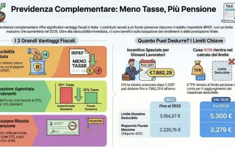 I contributi previdenziali deducibili per professionisti riducono l'IRPEF. L'immagine illustra i vantaggi fiscali, inclusa la deducibilità immediata.