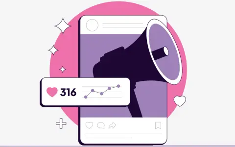 Grafica stilizzata di un megafono su uno schermo, con icone di like, commenti e condivisioni. Un grafico mostra l'andamento dei social media KPI.