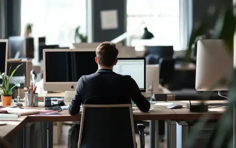 Uomo al computer in ufficio, concentrato sul suo lavoro. Potrebbe essere una ricerca per un job posting interno.