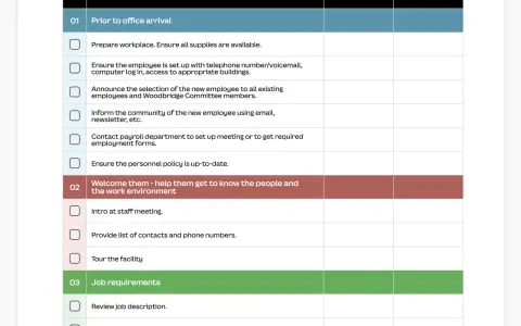 Checklist per l'onboarding di nuovi dipendenti, con dettagli su attività, responsabili e tempistiche, seguendo la policy aziendale.