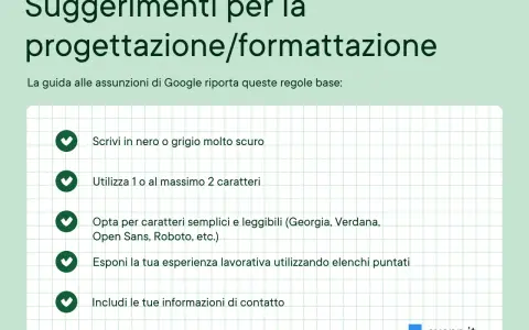 Suggerimenti per la progettazione/formattazione del tuo curriculum: scrivi in nero, usa pochi caratteri, scegli font leggibili, elenca esperienze e includi contatti.