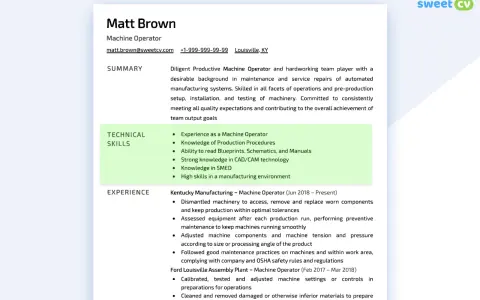 Matt Brown, Machine Operator, con solide competenze tecniche in produzione, CAD/CAM e manutenzione macchinari.