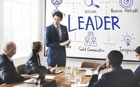 Uomo d'affari presenta i modelli di leadership: visione, positività, comunicazione e ispirazione.
