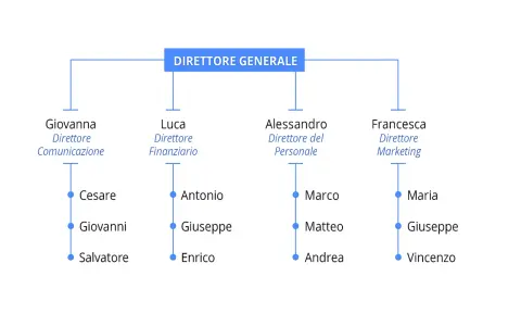 Organigramma significato: struttura gerarchica con Direttore Generale, direttori di dipartimento (Comunicazione, Finanziario, Personale, Marketing) e i loro collaboratori.