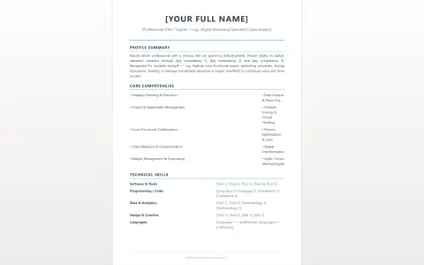 CV funzionale con riepilogo del profilo, competenze chiave e competenze tecniche. Elenca strumenti, linguaggi e metodologie.