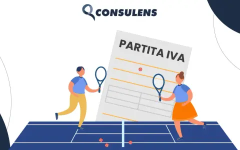 Due istruttori sportivi giocano a tennis davanti a un documento "Partita IVA".